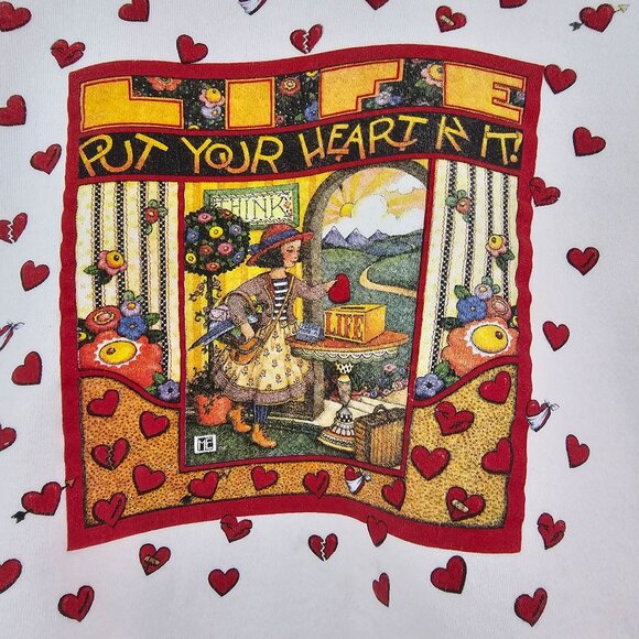 VTG 90s Hanes Sz M Mary Engelbreit Put Your Heart In It Sweatshirt Valentine Luv - Picture 6 of 13